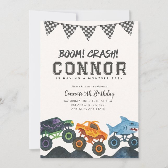 Invitación de cumpleaños de Monster Truck de CUALQ (Anverso)