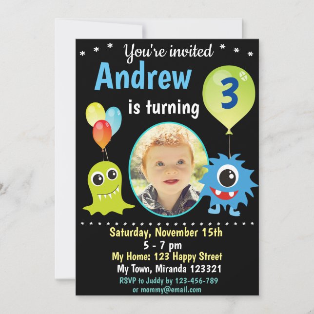 Invitación de cumpleaños de monstruo feliz lindo (Anverso)