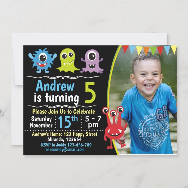invitación de cumpleaños de monstruo, invitación d (Anverso)