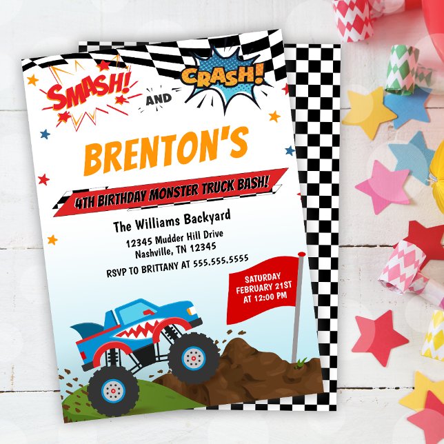 Invitación de cumpleaños de monstruo masculino (Boys Monster Truck Birthday Invitation)