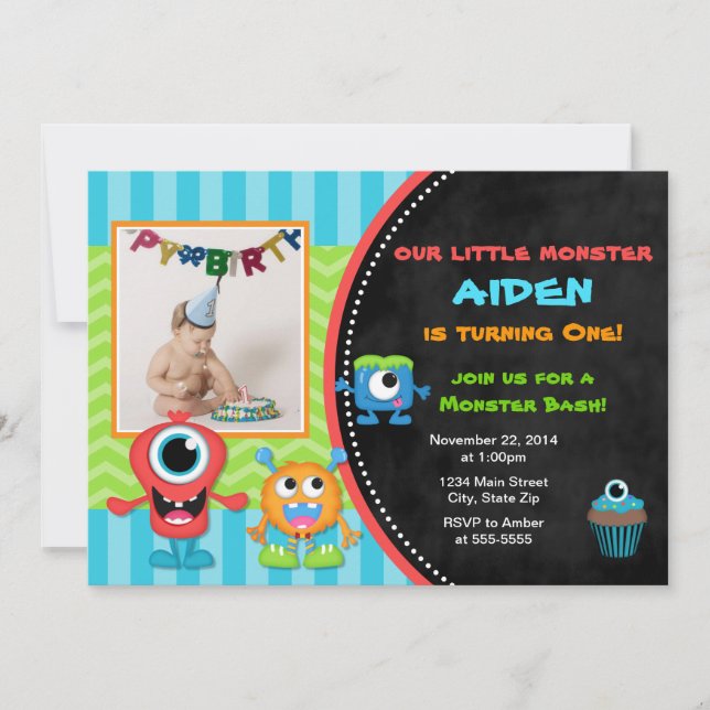 Invitación de cumpleaños de monstruo niño primer c (Anverso)