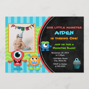 Invitación de cumpleaños de monstruo niño primer c