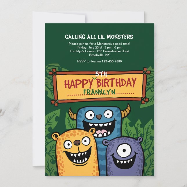 Invitación de Cumpleaños de Monstruos (Anverso)