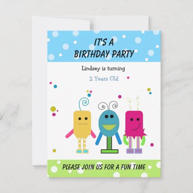 Invitación de cumpleaños de monstruos divertidos (Anverso)