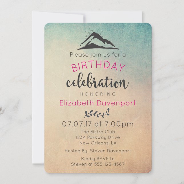 Invitación de cumpleaños de montaña con rayos de s (Anverso)
