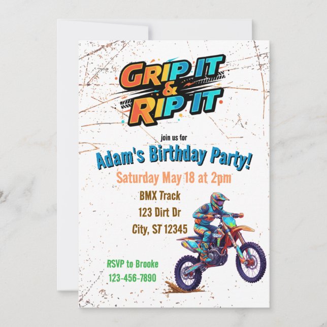 Invitación de cumpleaños de moto de cross 'Grip it (Anverso)