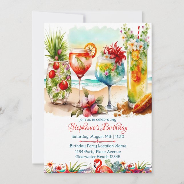 Invitación de cumpleaños de mujer con bebidas trop (Anverso)