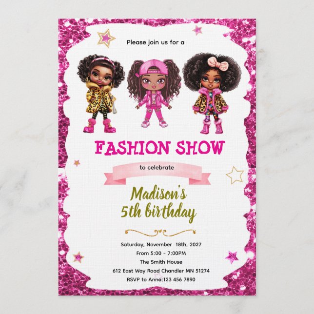 Invitación de cumpleaños de muñeca de moda (Anverso)