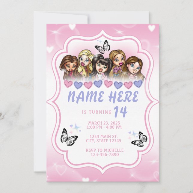 Invitación de cumpleaños de muñeca Y2K Airbrush |  (Anverso)