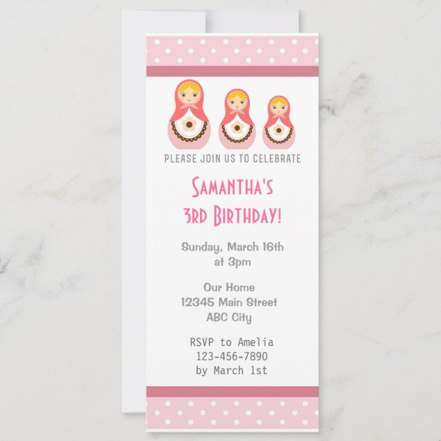 Invitación de cumpleaños de muñecas rusas Punto Po (Anverso)