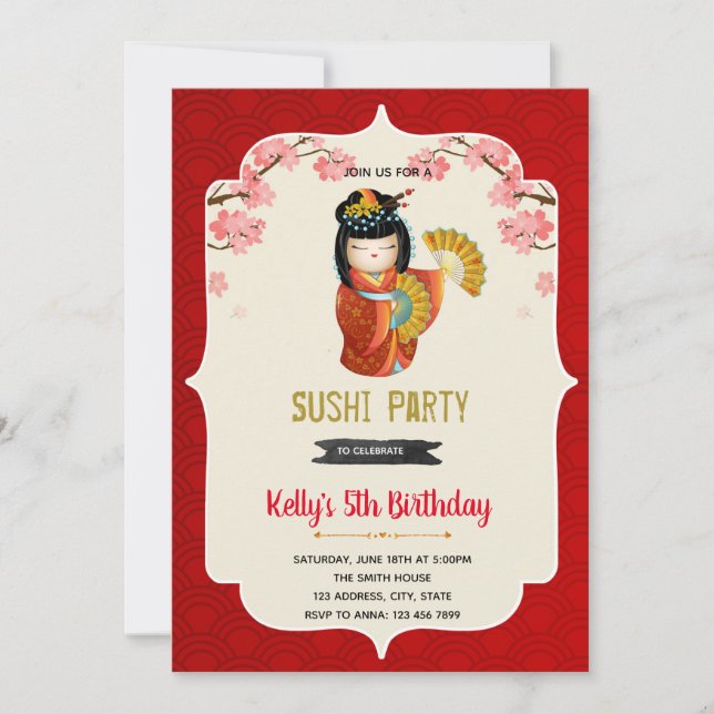 Invitación de cumpleaños de muñecos Kokeshi (Anverso)