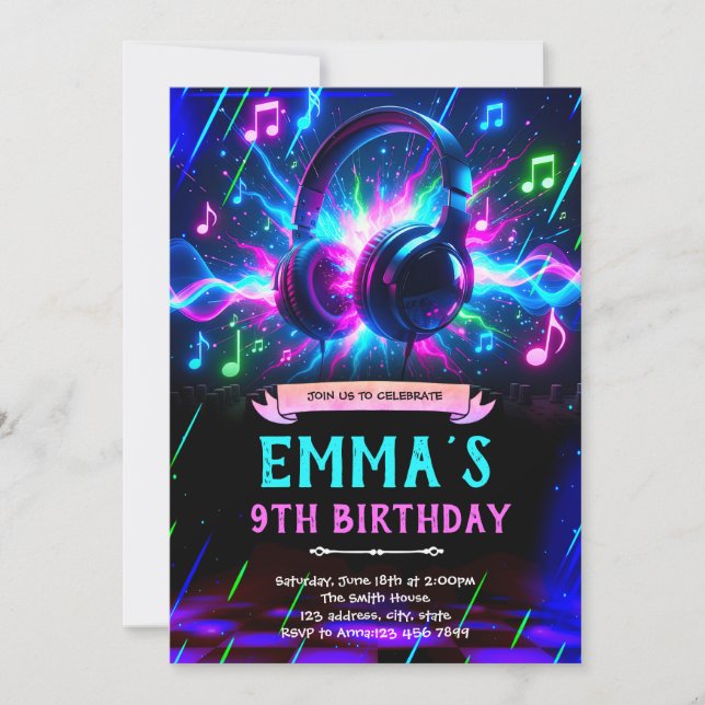 invitación de cumpleaños de música con brillo de n (Anverso)