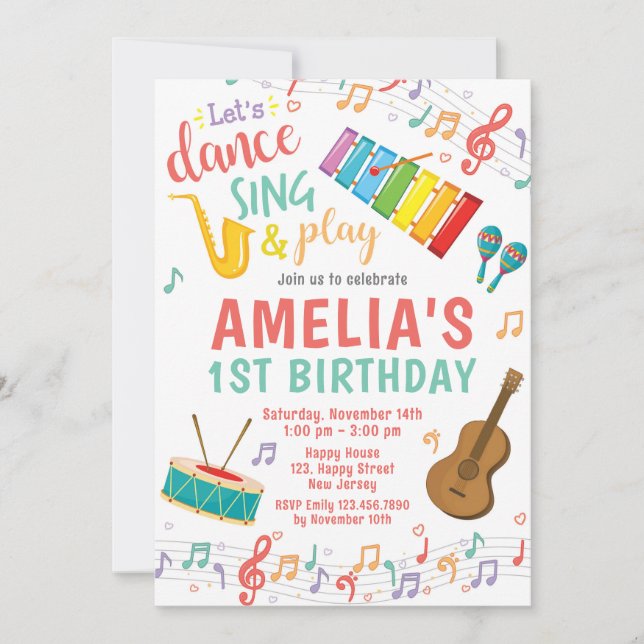 Invitación de cumpleaños de música. Cumpleaños de  (Anverso)