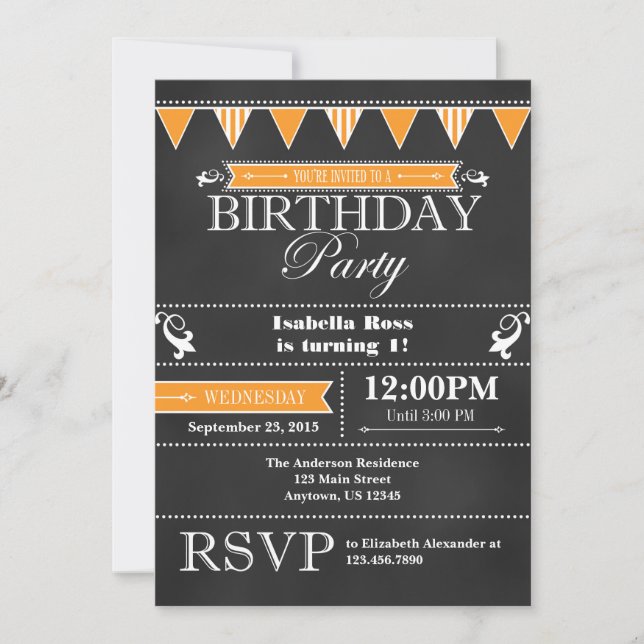 Invitación de cumpleaños de naranja Black Chalkboa (Anverso)