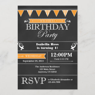 Invitación de cumpleaños de naranja Black Chalkboa