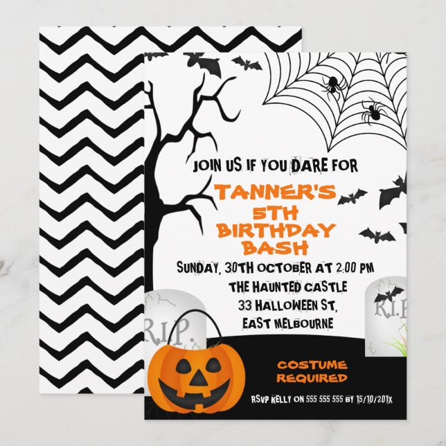 Invitación de cumpleaños de naranja Black Hallowee (Anverso / Reverso)