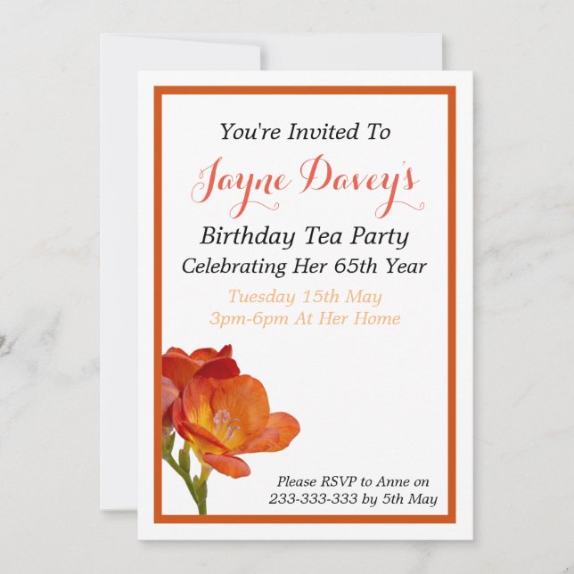 Invitación de cumpleaños de naranja Freesia Flower (Anverso)