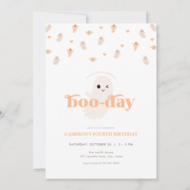 Invitación de cumpleaños de naranja Ghost Hallowee (Anverso)
