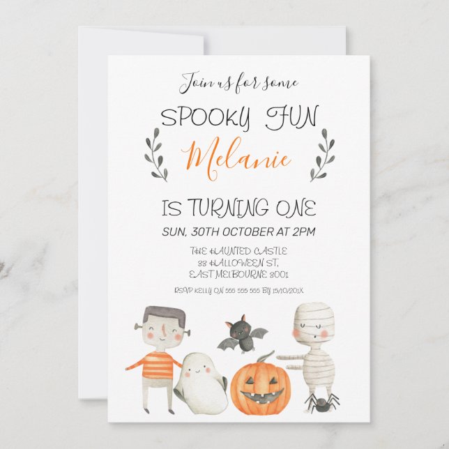 Invitación de cumpleaños de naranja Gray Halloween (Anverso)
