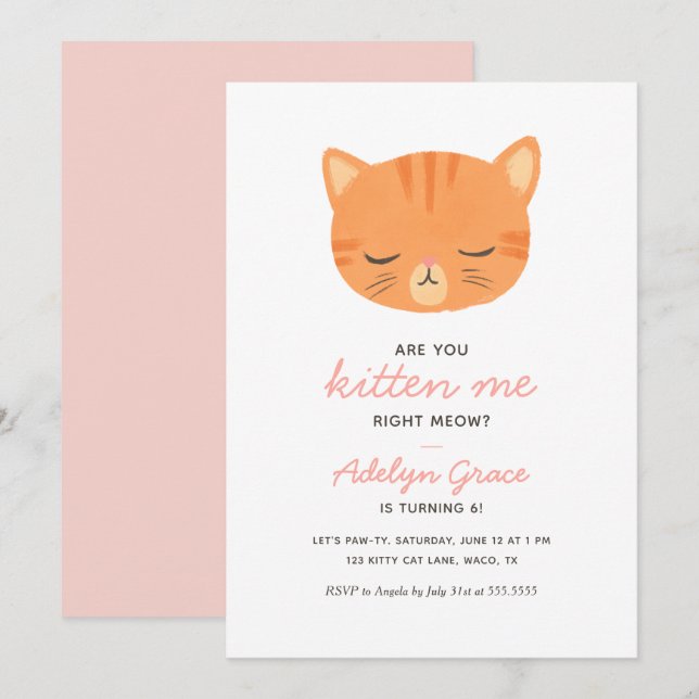 Invitación de cumpleaños de naranja Kitten Chica (Anverso / Reverso)