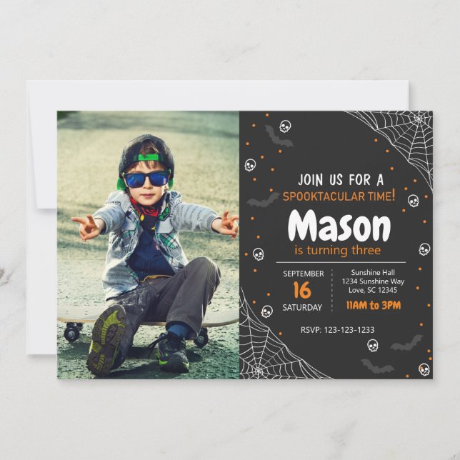 Invitación de cumpleaños de naranja Spider Hallowe (Anverso)
