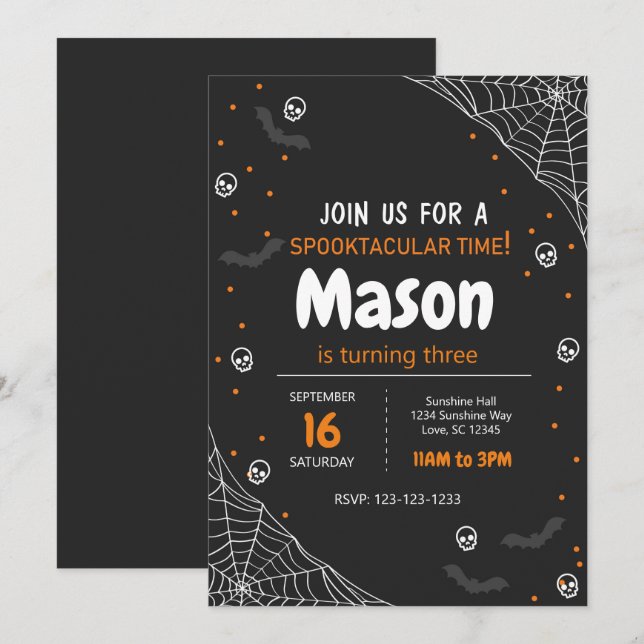 Invitación de cumpleaños de Naranja Spider Web Hal (Anverso / Reverso)