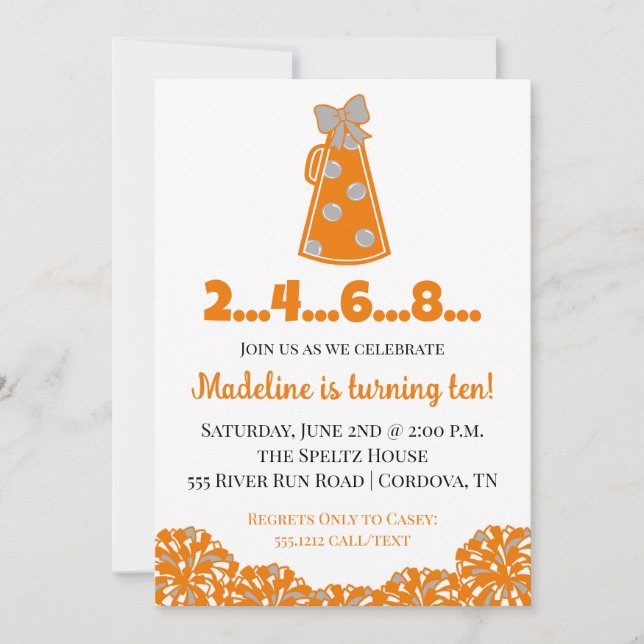 Invitación de cumpleaños de naranja y blanco (Anverso)