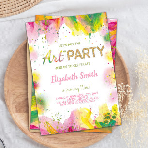 Invitación de cumpleaños de naranja y pintura rosa