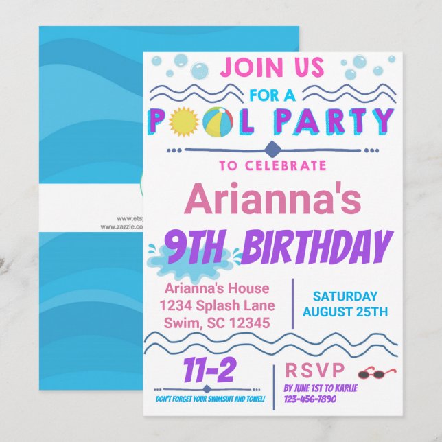 Invitación de cumpleaños de natación de Fiesta de  (Anverso / Reverso)