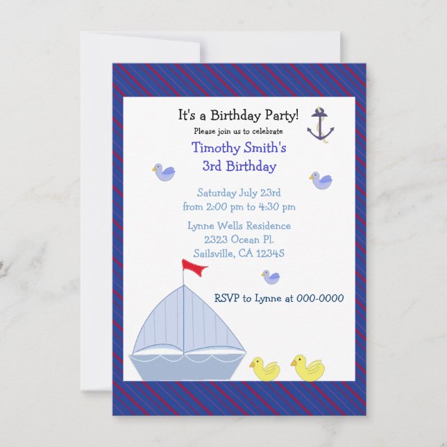 Invitación de cumpleaños de Nautical Sailboat Boy (Anverso)