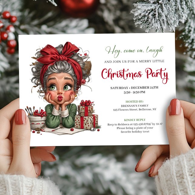 Invitación de Cumpleaños de Navidad de Abuela Dive (Cheerful Christmas Grandma Comic Party Invitation)