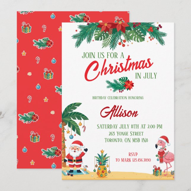 Invitación de cumpleaños de Navidad en julio (Anverso / Reverso)