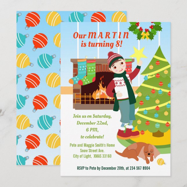 Invitación de cumpleaños de Navidad para niño (Anverso / Reverso)