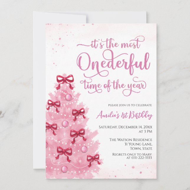 Invitación de cumpleaños de Navidad rosa bonita (Anverso)
