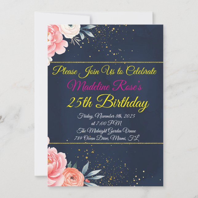 Invitación de cumpleaños de Navy Blue Floral (Anverso)