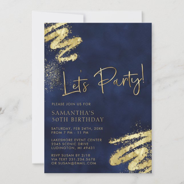 Invitación de cumpleaños de Navy Blue y Gold (Anverso)
