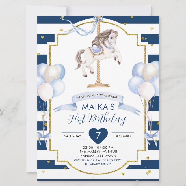 Invitación de cumpleaños de Navy Blue y Gold (Anverso)