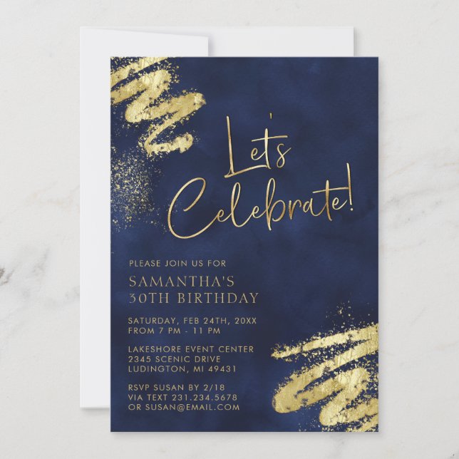 Invitación de cumpleaños de Navy Blue y Gold (Anverso)
