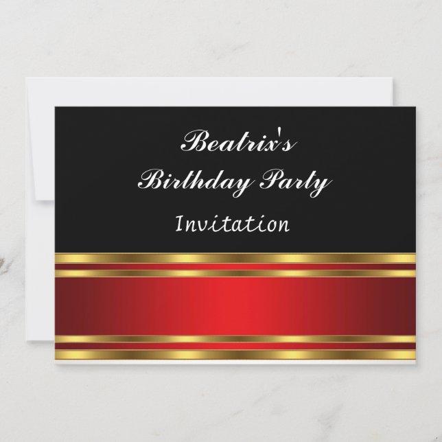 Invitación de cumpleaños de negro, rojo y dorado (Anverso)
