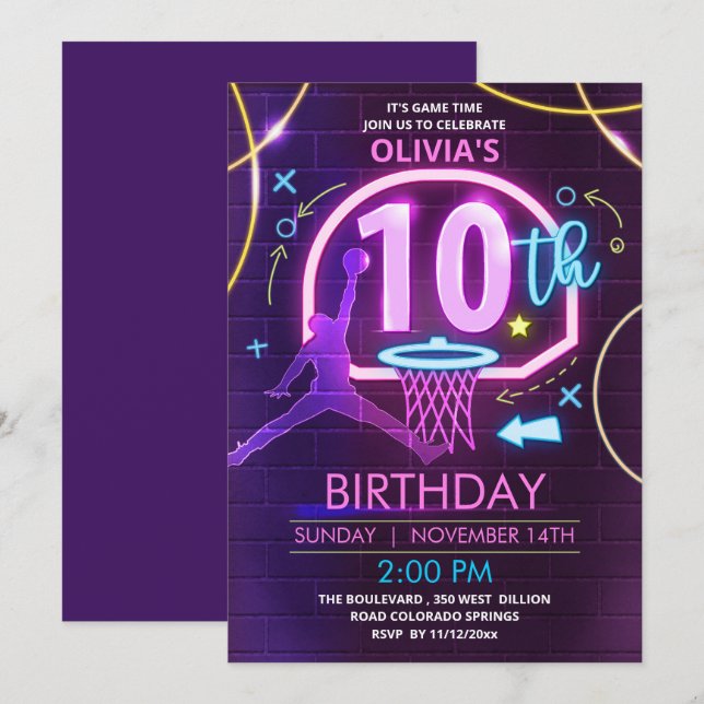 Invitación de cumpleaños de Neon Basketball (Anverso / Reverso)
