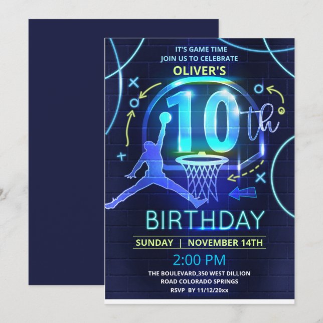 Invitación de cumpleaños de Neon Basketball (Anverso / Reverso)