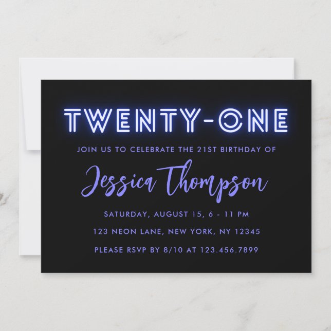 Invitación de cumpleaños de Neon Blue 21st (Anverso)