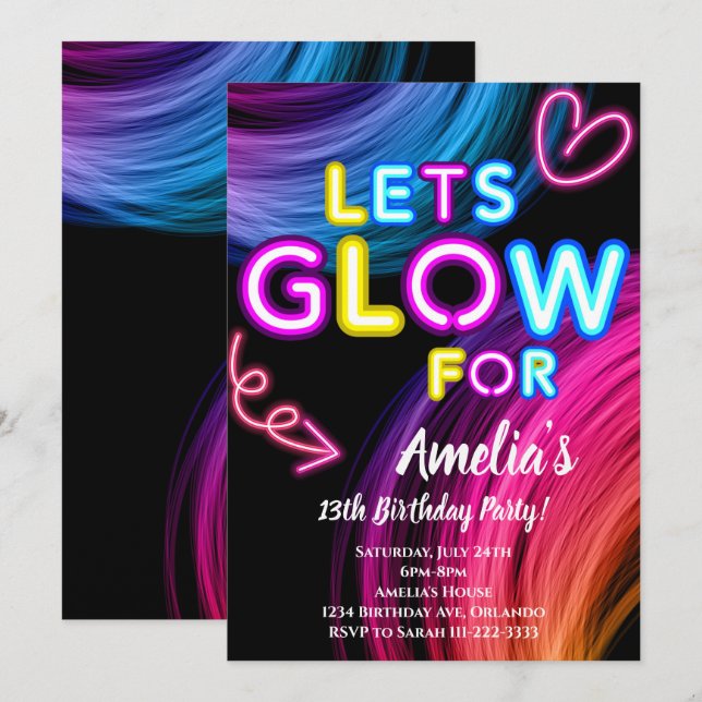 Invitación de cumpleaños de Neon Fiesta Glow (Anverso / Reverso)