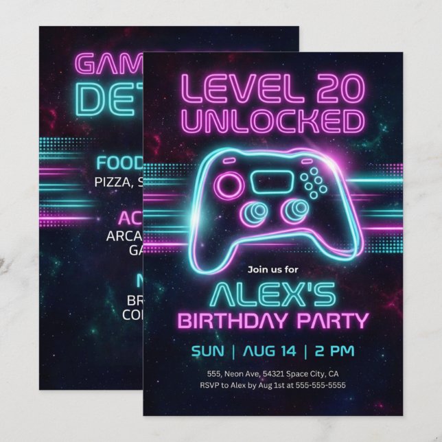 Invitación de cumpleaños de Neon Gamer para chico  (Anverso / Reverso)