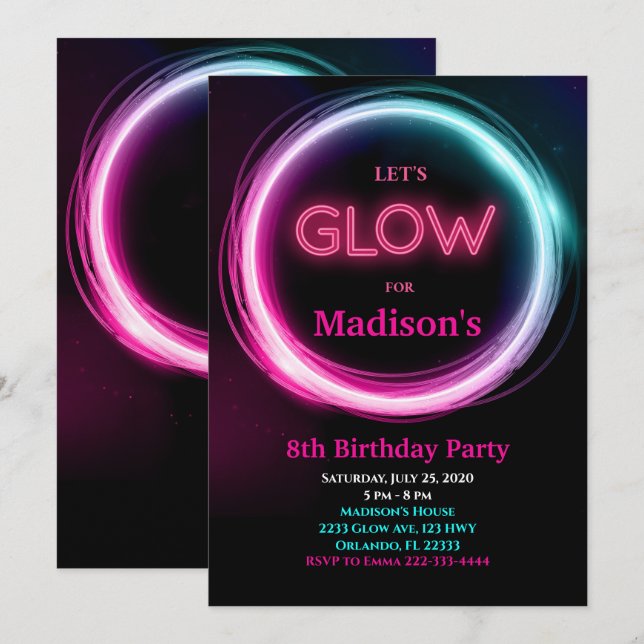Invitación de cumpleaños de Neon Glow (Anverso / Reverso)