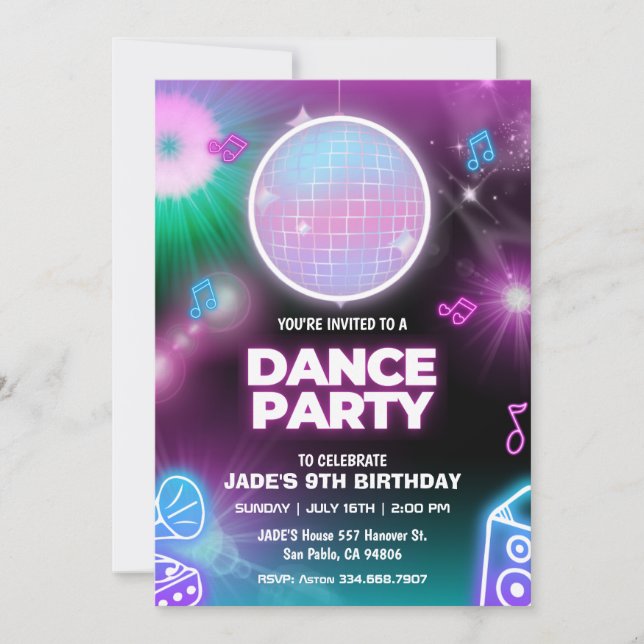 Invitación de cumpleaños de Neon Glow Dance Fiesta (Anverso)