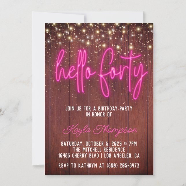 Invitación de cumpleaños de Neon Hello Cuarenta Wo (Reverso)