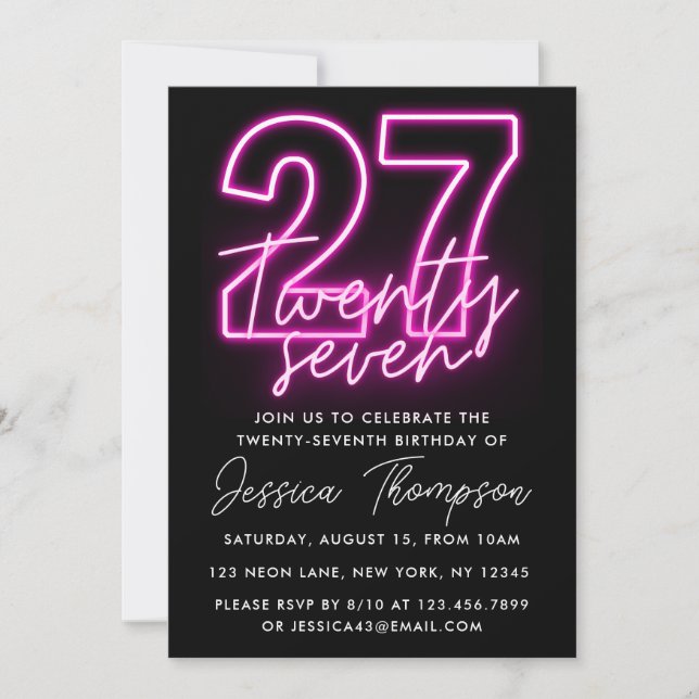 Invitación de cumpleaños de Neon Pink 27 (Anverso)