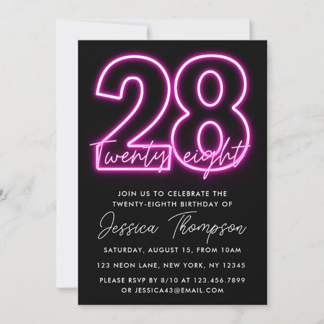 Invitación de cumpleaños de Neon Pink 28 (Anverso)