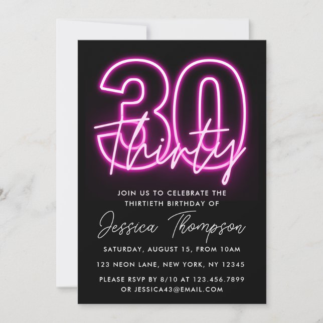 Invitación de cumpleaños de Neon Pink 30 (Anverso)